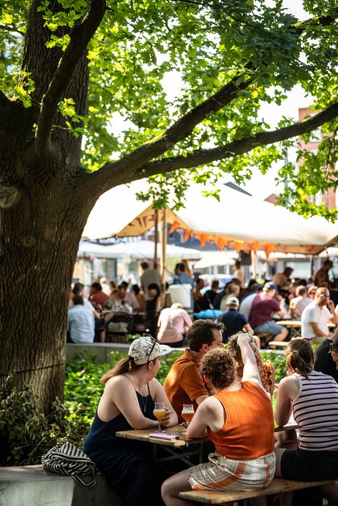 Het festivalplein van Taphorst '26 onder de bomen, vol bezoekers aan de biertafels